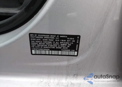 2013 Volkswagen Passat S z USA, uszkodzony, nr VIN 1VWAP7A39DC059258